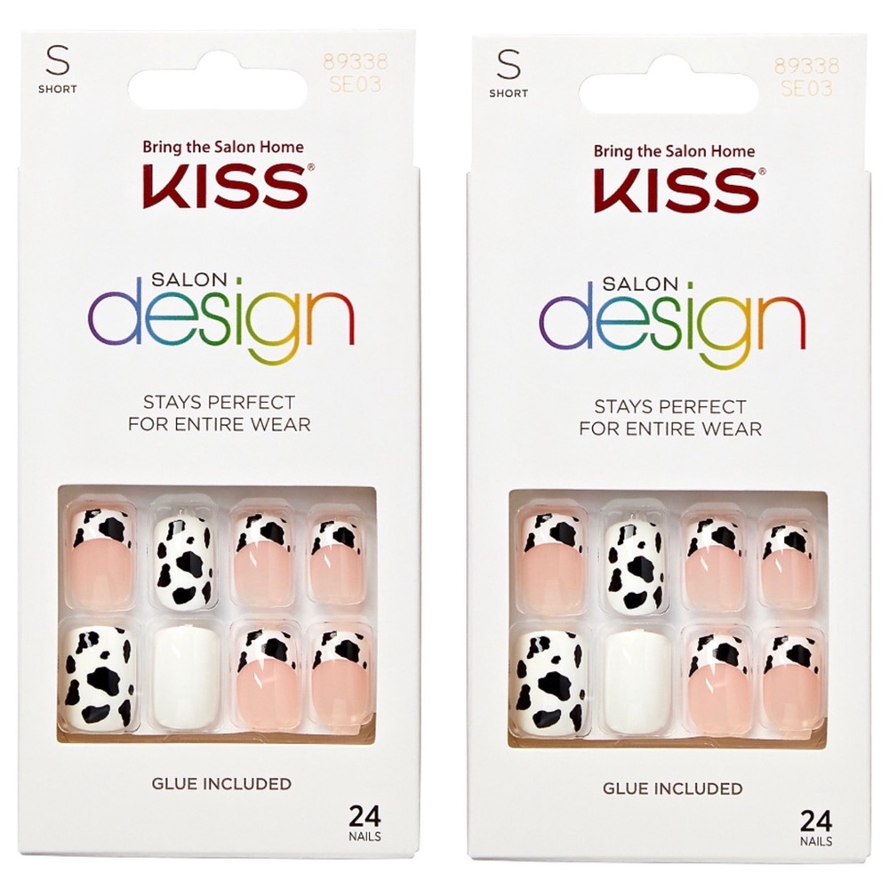 Kiss Salon Design Short Length Cow Print French Manicure Glue On Nails x 2